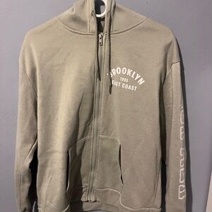 Olive Full-Zip Hoodie Sweater with Brooklyn Chest Print